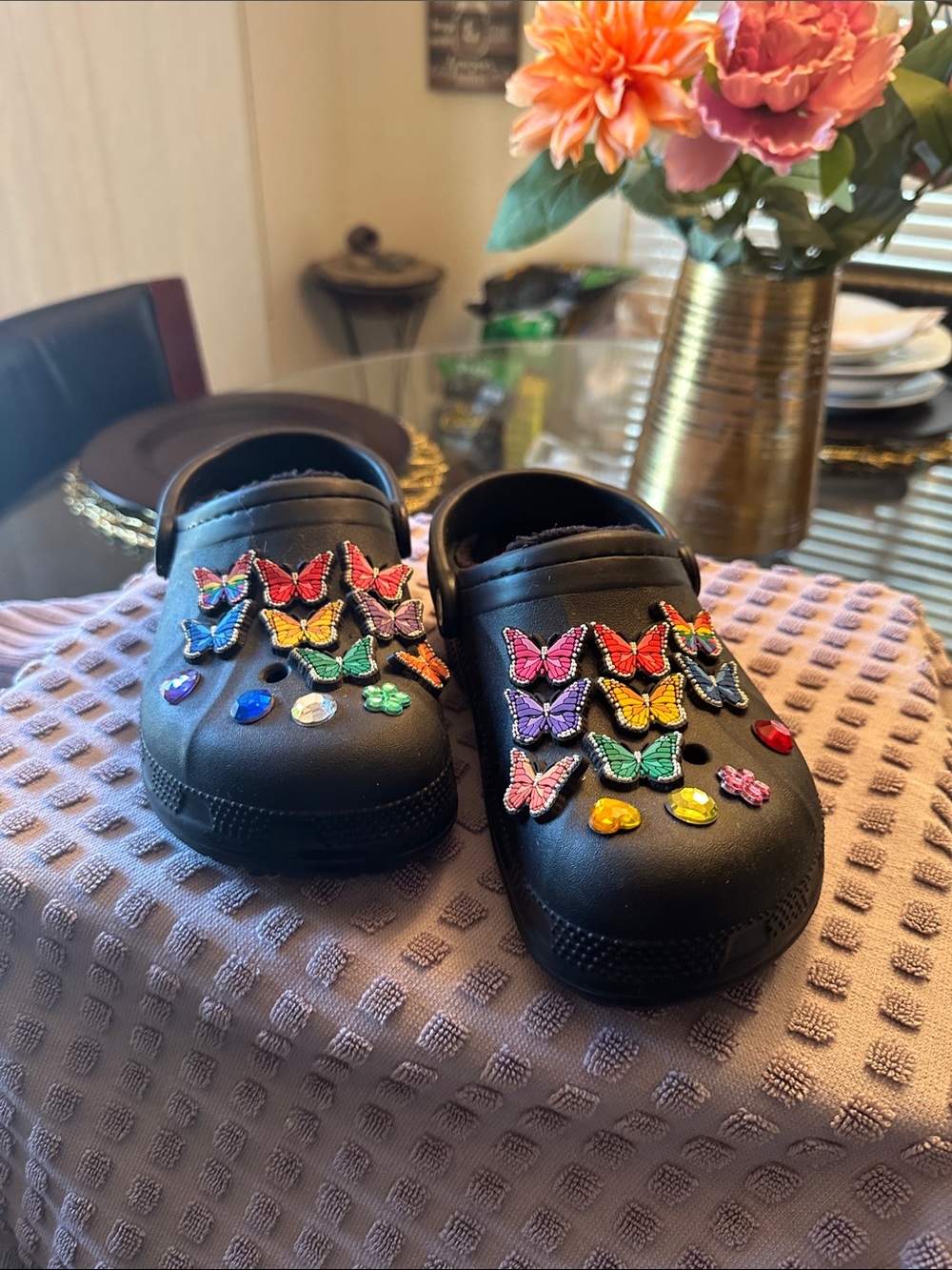CROCS Black Kids Clogs with Colorful Butterfly Charms